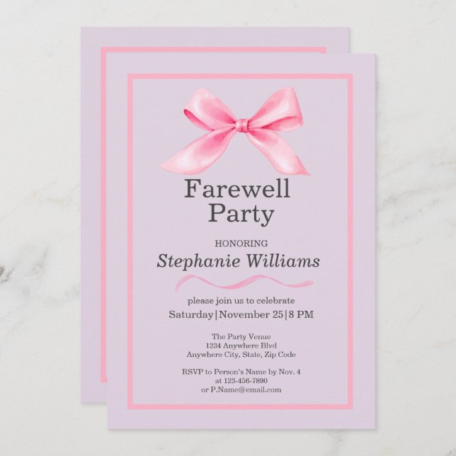 Women's Farewell Party Modern Elegant Pink Bow  Invitation (Front/Back)