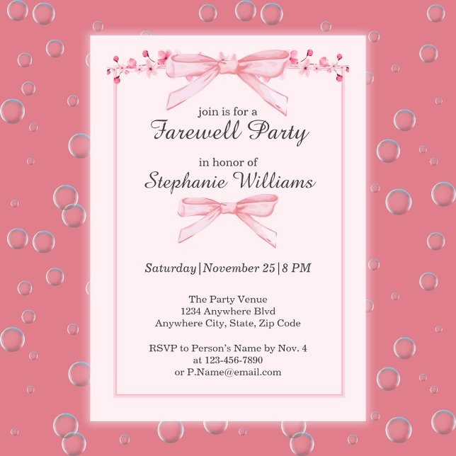 Women's Farewell Pink Bow Flowers Border Party Invitation (Creator Uploaded)