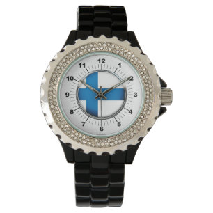 Women's Finland Flag Rhinestone Black Enamel Watch