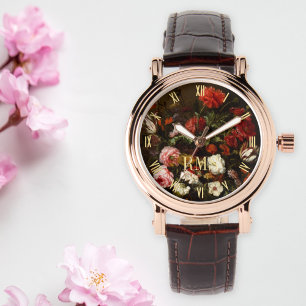 Womens Floral Art Elegant Rose Gold Monogrammed Watch