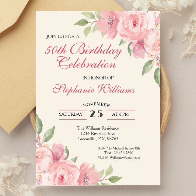 Women's Floral Elegant Rose 50th Birthday Party Invitation (Creator Uploaded)