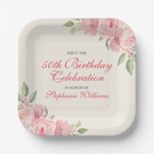 Women's Floral Elegant Rose 50th Birthday Party Paper Plate