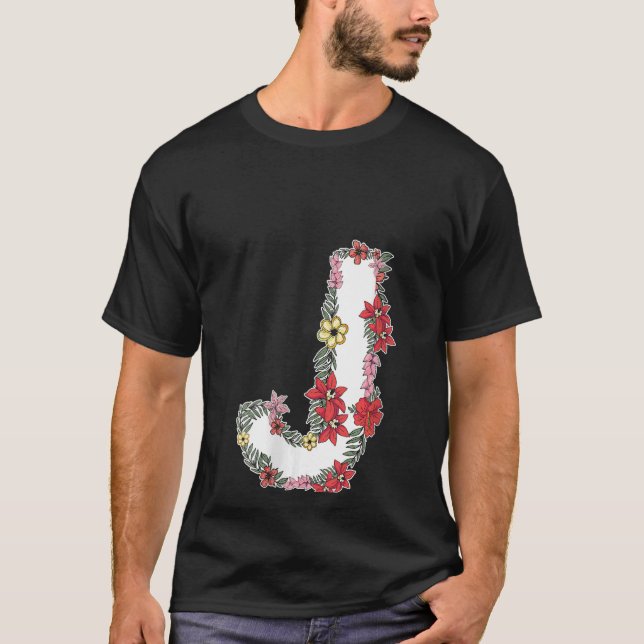 Womens Floral Letter J V Neck T-Shirt (Front)