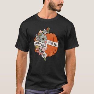 Women's Floral Pumpkin Happy Fall Yall Groovy Retr T-Shirt