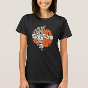 Women's Floral Pumpkin Happy Fall Yall Groovy Retr T-Shirt