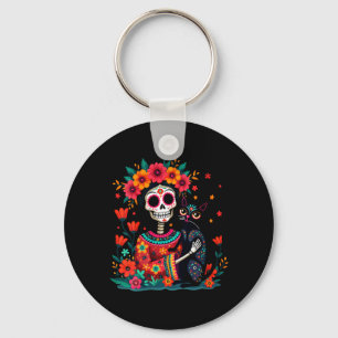 Womens Floral Skeleton And Black Cat Día De Los Key Ring
