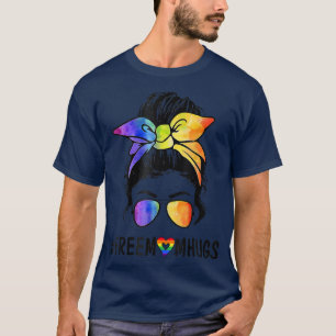 Womens Free Mum Hugs Messy Bun LGBT Pride Rainbow  T-Shirt