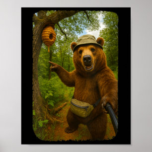 Womens Funny Bear Selfie Near Beehive Hiking Throu Poster