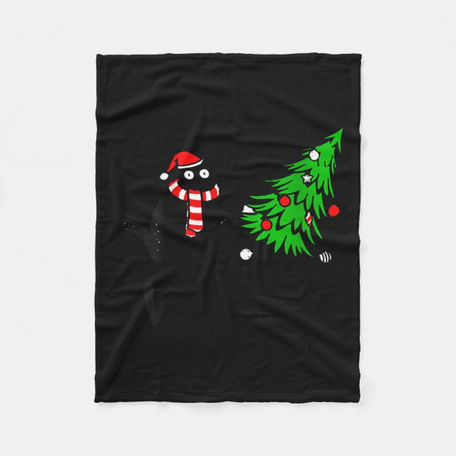 Womens Funny Black Cat Gift Pushing Christmas Tree Fleece Blanket (Front)