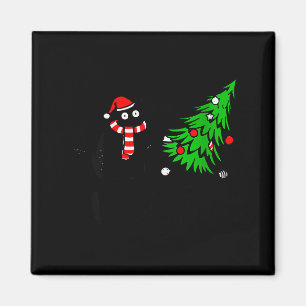 Womens Funny Black Cat Gift Pushing Christmas Tree Magnet