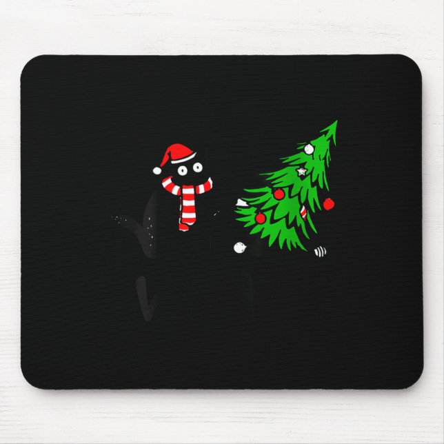Womens Funny Black Cat Gift Pushing Christmas Tree Mouse Pad (Front)