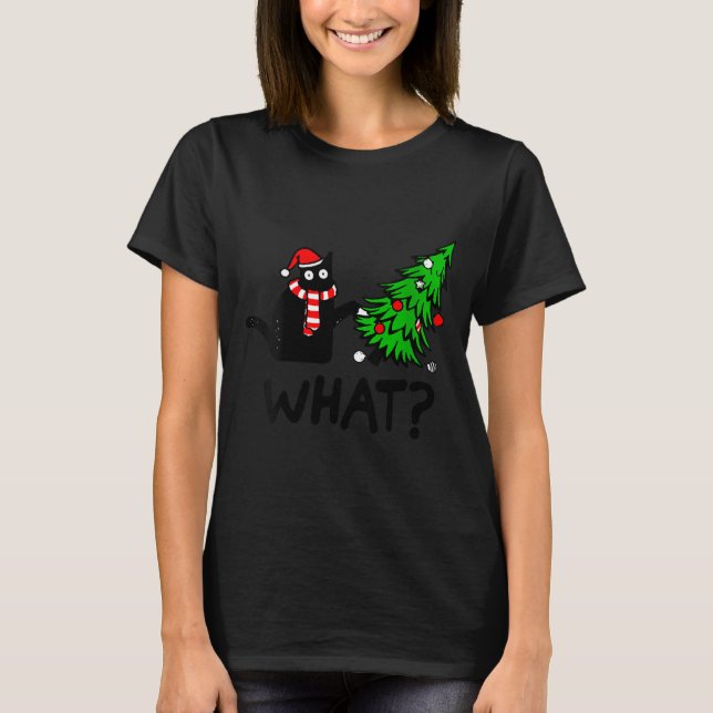 Womens Funny Black Cat Gift Pushing Christmas Tree T-Shirt (Front)