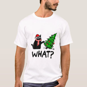 Womens Funny Black Cat Gift Pushing Christmas Tree T-Shirt