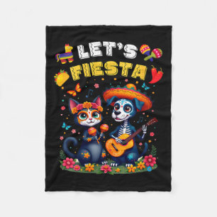 Womens Funny Cat And Dog Sugar Skull Lets Fiesta Fleece Blanket