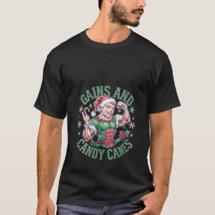 Womens Funny Christmas Elf Gym Workout Gains and C T-Shirt