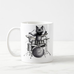 Womens Funny Drummer Black Cat Playing Drums Kitty Coffee Mug