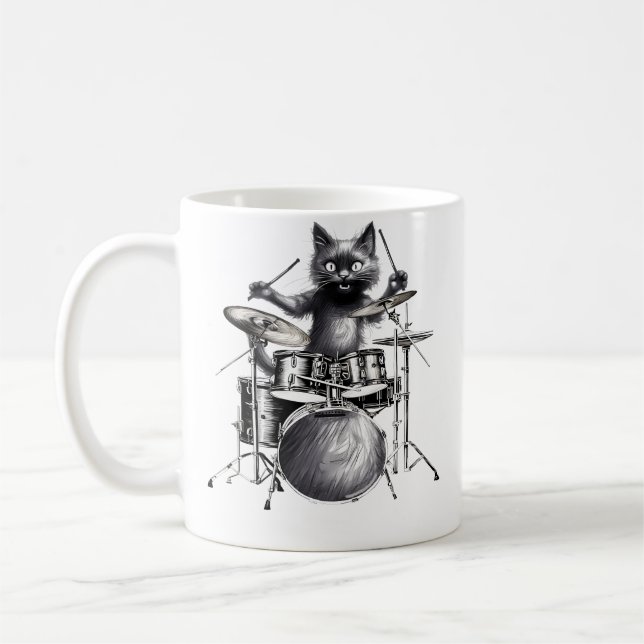Womens Funny Drummer Black Cat Playing Drums Kitty Coffee Mug (Left)