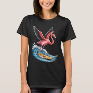 Womens Funny Flamingo Surfing Wave Summer Beach T-Shirt