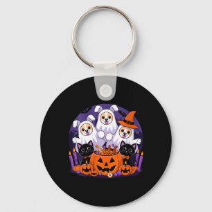 Womens Funny Halloween Dog Dressed As Ghost Key Ring