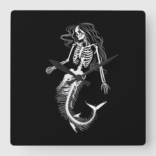 Womens Funny Halloween Mermaid Skeleton Gift Cool Square Wall Clock (Front)
