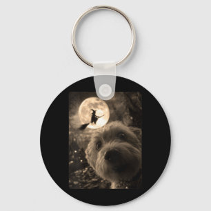 Womens Funny Maltese Selfie Full Moon Flying Witch Key Ring