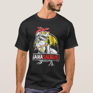 Women's Funny Red Bow Softball Dinosaur Mama Sauru T-Shirt