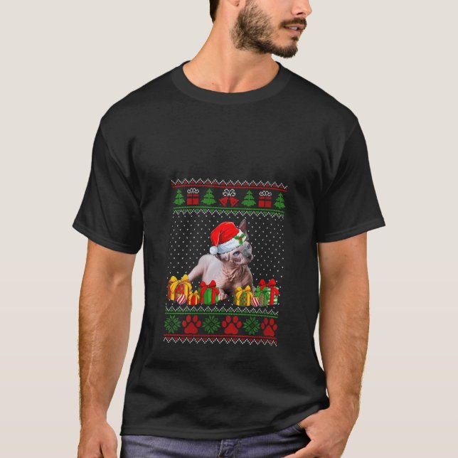 Womens Funny Sphynx Cat Santa Hat Ugly Christmas S T-Shirt (Front)