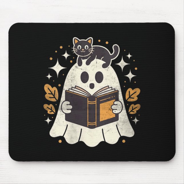 Womens Ghost Reading Book Halloween Library Black Mouse Pad (Front)