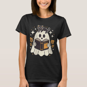 Womens Ghost Reading Book Halloween Library Black T-Shirt