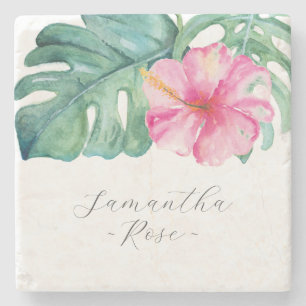 Women's Gifts Personalised Pink Tropical Flowers Stone Coaster