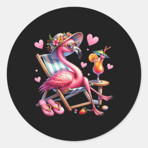 Womens Girls Pink Flamingo Beach Palm Tree Cute Fl Classic Round Sticker
