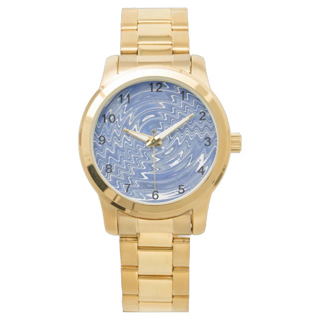 Women's gold watch with blue psychedelic pattern (Front)