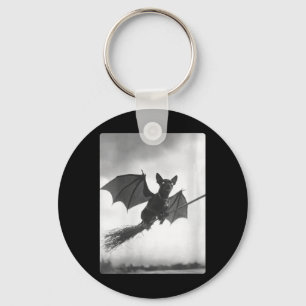 Womens Gothic Chihuahua Witch Broom Bat Wings Key Ring