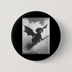 Womens Gothic Dachshund Witch Broom Bat Wings 6 Cm Round Badge