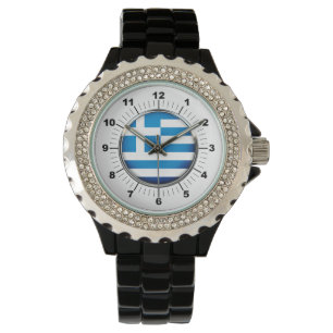 Women's Greece Flag Rhinestone Black Enamel Watch