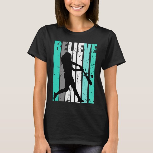 Womens Green Believe Baseball Softball Base Run Pl T-Shirt (Front)