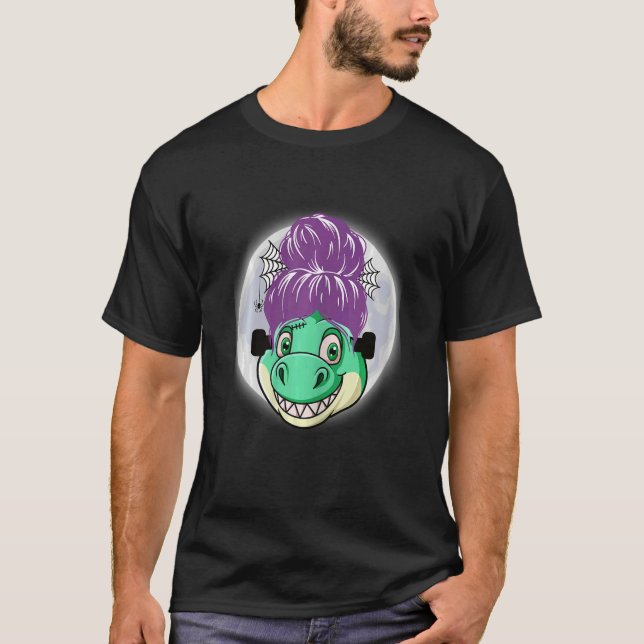 Womens Green Dinosaur messy bun hair with spider w T-Shirt (Front)