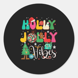 Womens Groovy Holly Xmas Jolly Christmas Vibes Mer Classic Round Sticker