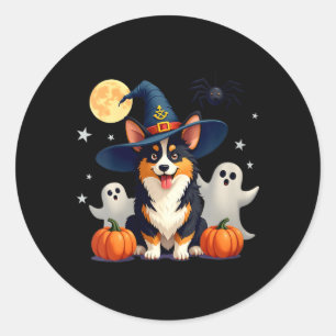 Womens Halloween Black And Tan Corgi Dog Witchs Classic Round Sticker