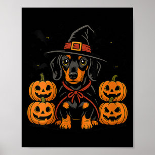 Womens Halloween Dachshund Dog Witch Hat Pumpkin Poster