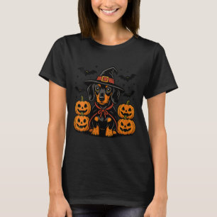 Womens Halloween Dachshund Dog Witch Hat Pumpkin T-Shirt