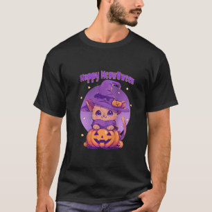 Womens Halloween Happy MeowOween Witch Cat Kitten T-Shirt