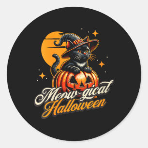 Womens Halloween - Magical Black Cat Witch Pumpkin Classic Round Sticker