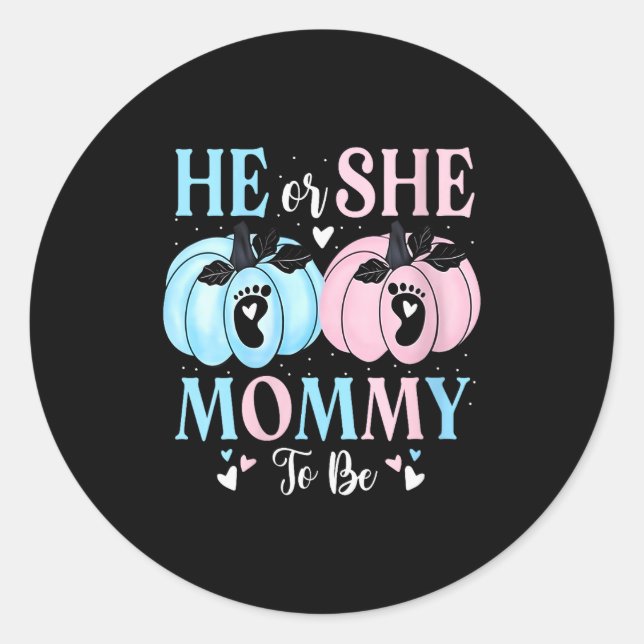 Womens Halloween Pumpkin Gender Reveal He Or She M Classic Round Sticker (Front)