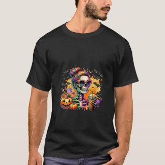 Womens Halloween Skeleton Messy Bun Coffee Funny C T-Shirt
