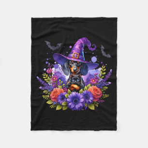 Womens Halloween Spooky Witchy Dachshund Dog Black Fleece Blanket