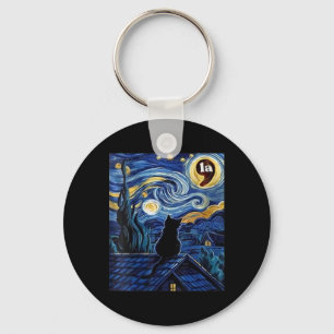 Womens Halloween Starry Night Black Cat Comma La K Key Ring