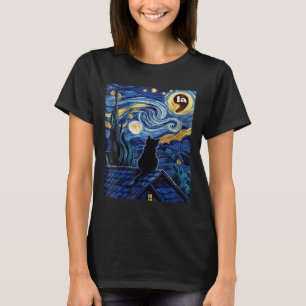 Womens Halloween Starry Night Black Cat Comma La K T-Shirt