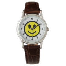 Women's Happy Face Brown Leather Strap Watch