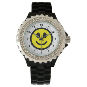 Women's Happy Face Rhinestone Black Enamel Watch